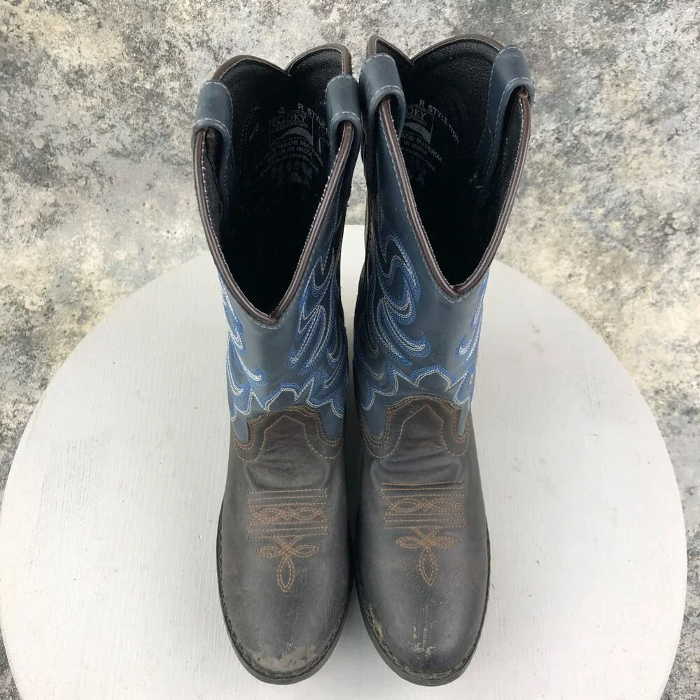 Smoky Mountain Kids Size 4 Monterey Western Brown Navy Blue Faux Leather Boots